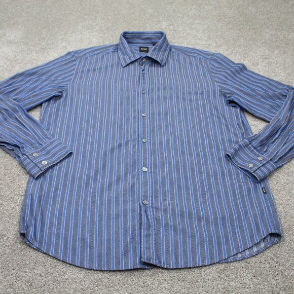 BOSS Hugo Boss Shirt Mens Large Blue/Gray Striped "Lex" Cotton L/S Button Up - Picture 2 of 13